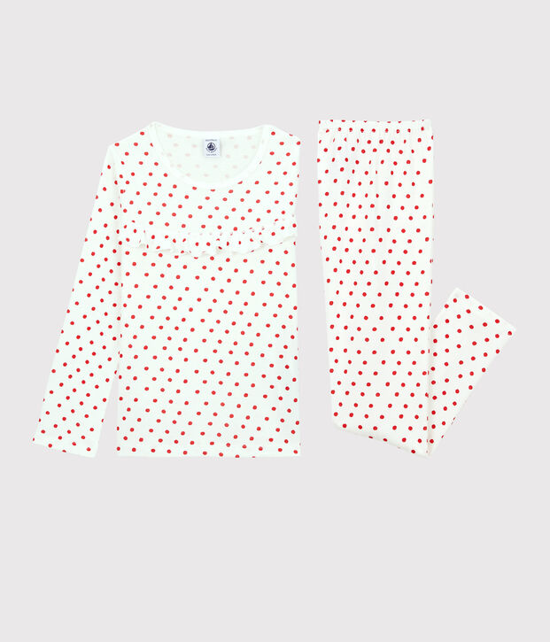 Kinderpyjama aus Baumwolle mit rotem Polka-Dot-Muster f&uuml;r M&auml;dchen weiss/rot