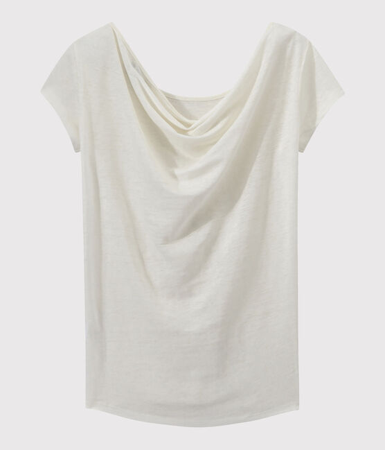 Damen-T-Shirt mit Wasserfall-Ausschnitt aus irisierendem Leinen weiss LAIT/gelb OR