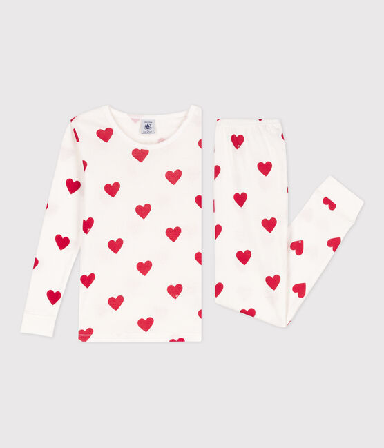 Körpernah geschnittener Pyjama aus Baumwolle für kleine Mädchen/kleine Jungen, mit Herzen weiss MARSHMALLOW/rot TERKUIT