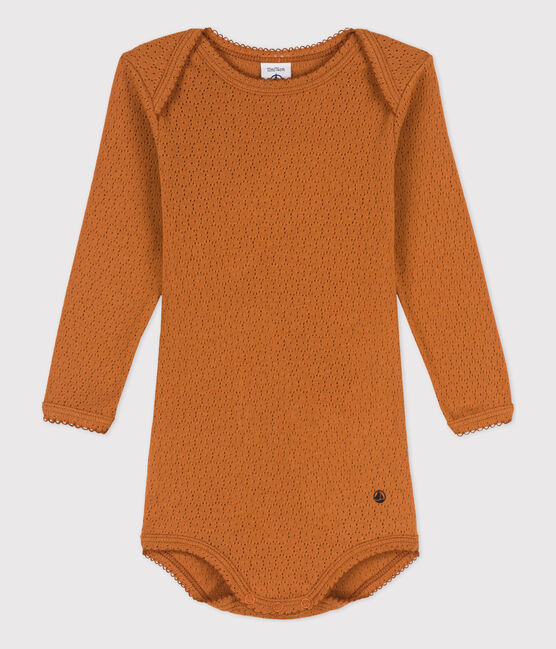 Langärmeliger Baby-Body aus Ajour-Strick braun ECUREUIL