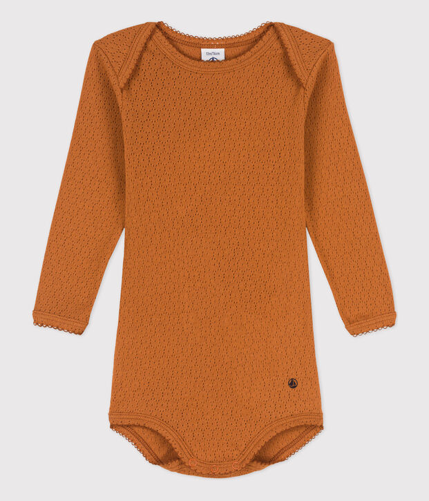 Lang&auml;rmeliger Baby-Body aus Ajour-Strick braun