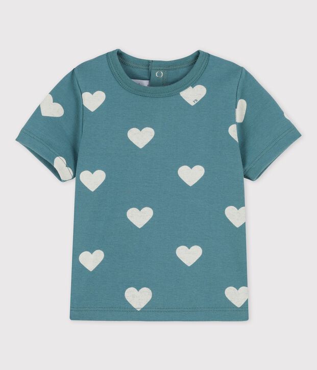 Kurz&auml;rmeliges Baby-T-Shirt aus Bio-Baumwolle mit Herzmuster gr&uuml;n/naturfarben