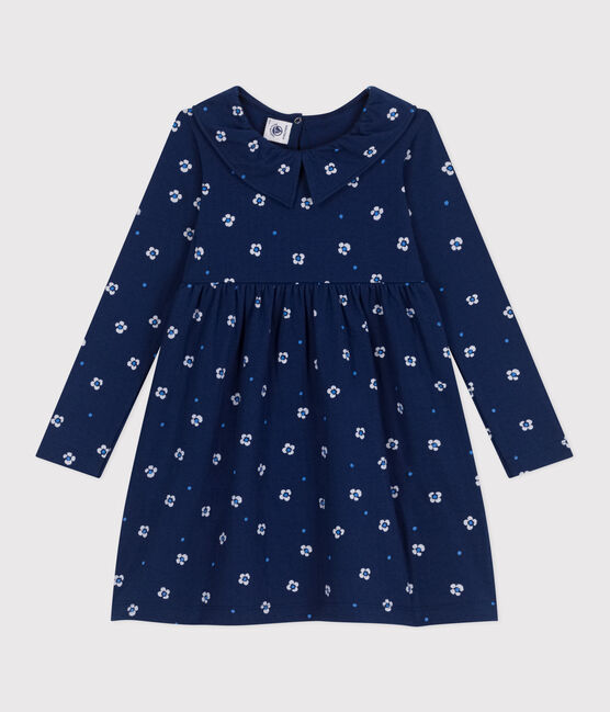 Langärmeliges Kinder-Kleid aus Baumwolle mit Blumenmuster blau MEDIEVAL/weiss MULTICO