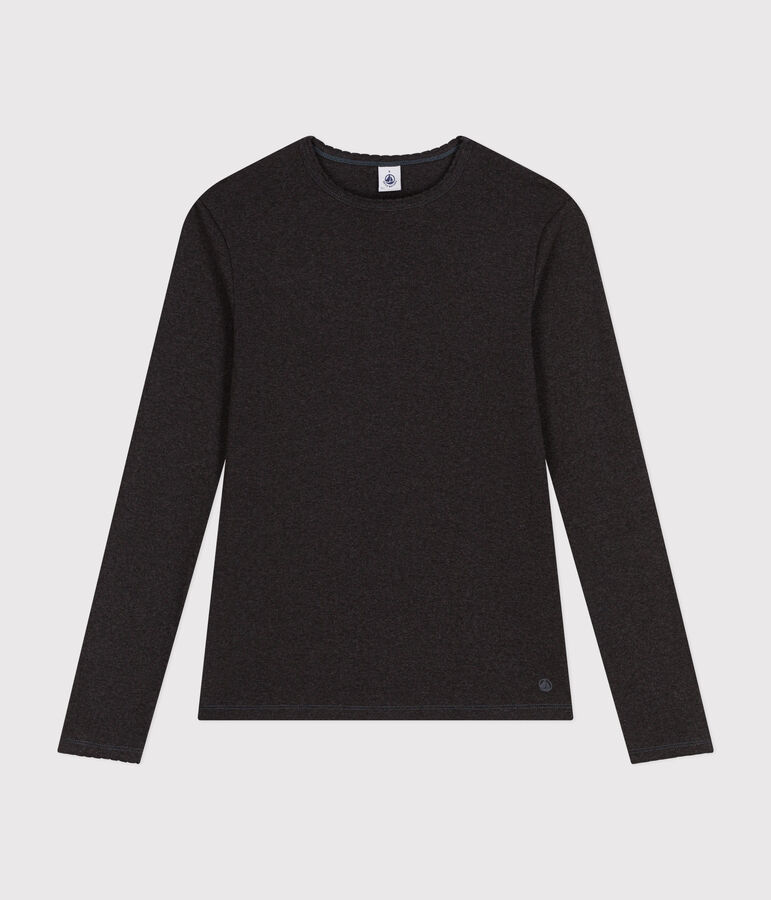 Lang&auml;rmeliges Damen-T-Shirt L'Iconique mit M&auml;usez&auml;hnchenkante aus einfarbigem Rippstrick grau