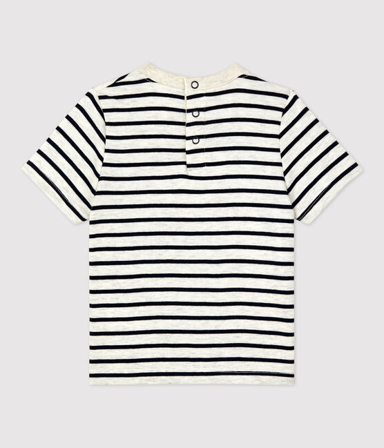 Gestreiftes kurzärmeliges Baby-T-Shirt aus Baumwolle beige MONTELIMAR/blau SMOKING