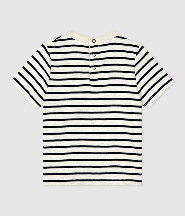 Gestreiftes kurz&auml;rmeliges Baby-T-Shirt aus Baumwolle beige/blau