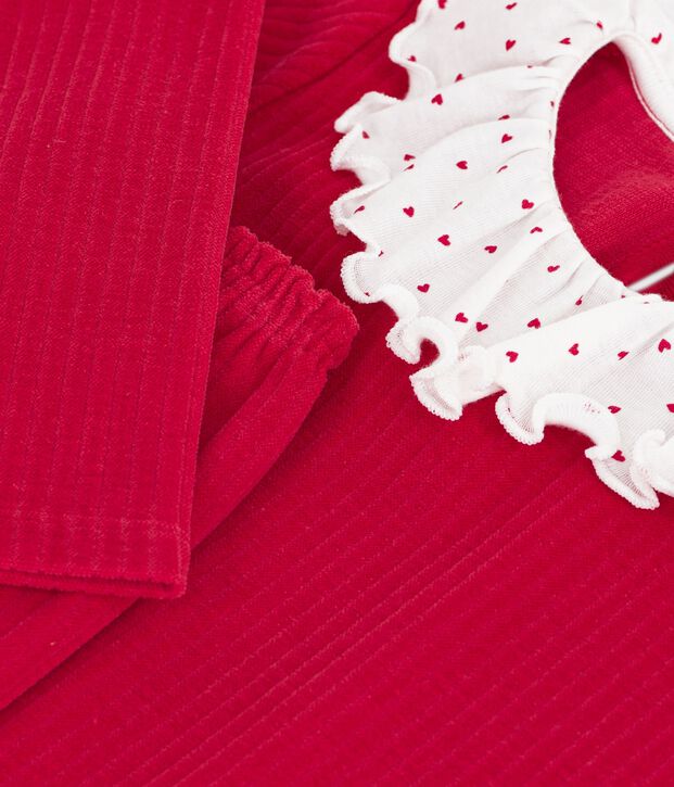 Kinder-Pyjama aus einfarbigem Feincord mit R&uuml;schenkragen rot