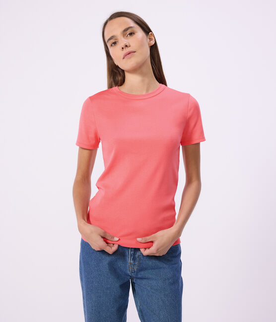 Kurzärmeliges Damen T-Shirt aus einfarbiger Baumwolle rosa FLAMAND