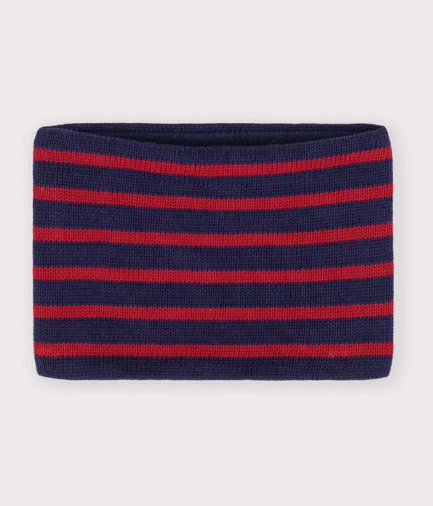 Kinder-Schlauchschal aus Strick mit Streifen und Fleece-Futter blau/rot