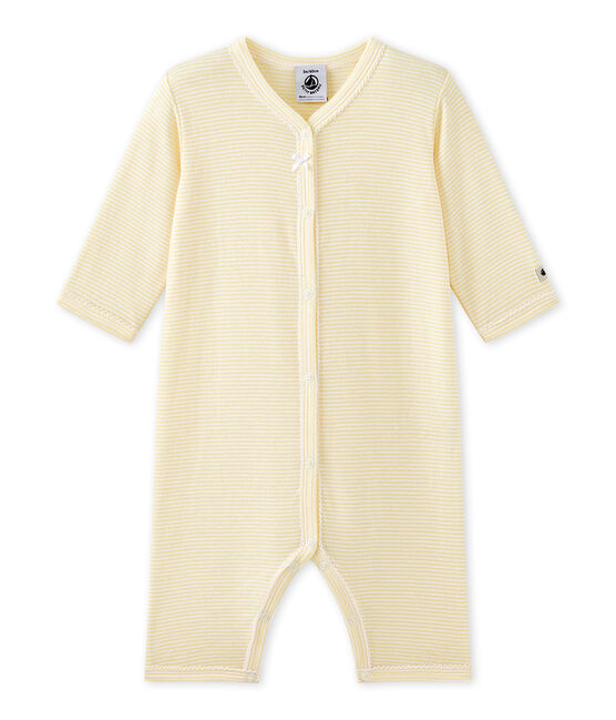 Baby-Mädchen-Strampler ohne Fuß mit Milleraies-Ringelmuster gelb TEMPETE/weiss MULTICO
