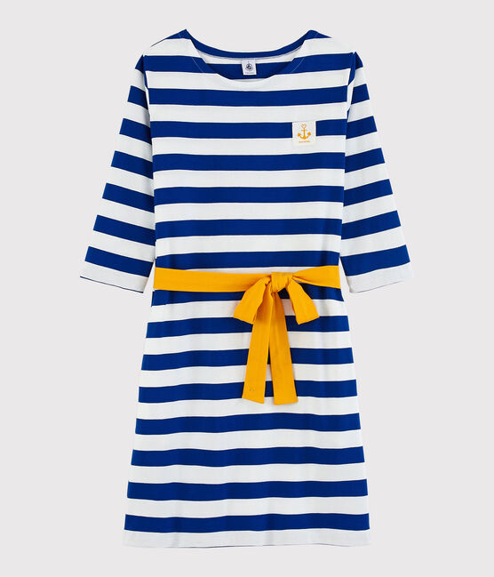 Langärmeliges, gestreiftes Damen-Kleid blau SURF/weiss MARSHMALLOW