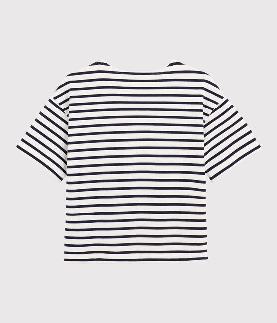 Kurzärmeliges Matrosenshirt aus Baumwolle für Damen. weiss MARSHMALLOW/blau SMOKING