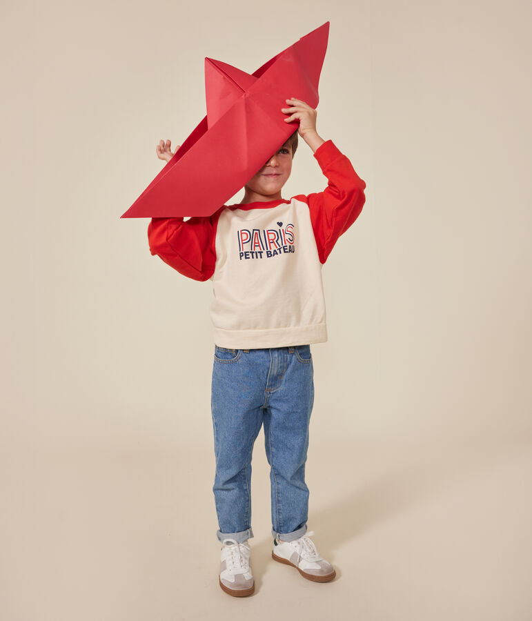 Kinder-Sweatshirt aus leichtem Molton naturfarben/rot