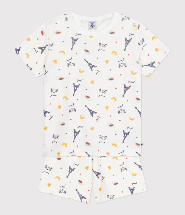 Kinder-Kurzpyjama aus Baumwolle mit Paris-Motiven weiss/vielfarbig