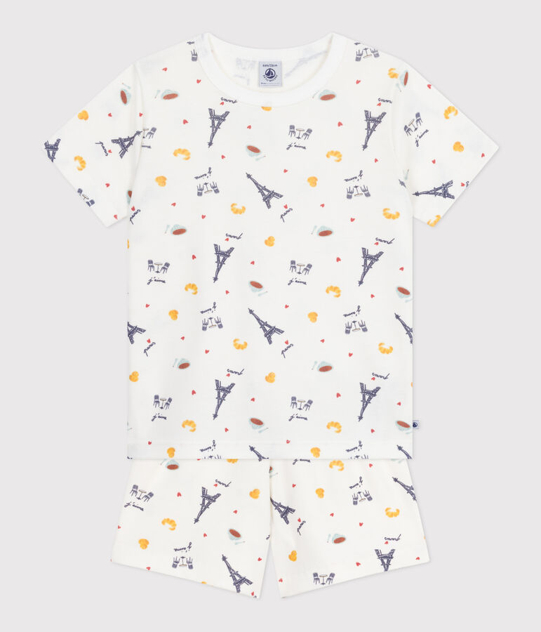 Kinder-Kurzpyjama aus Baumwolle mit Paris-Motiven weiss/vielfarbig