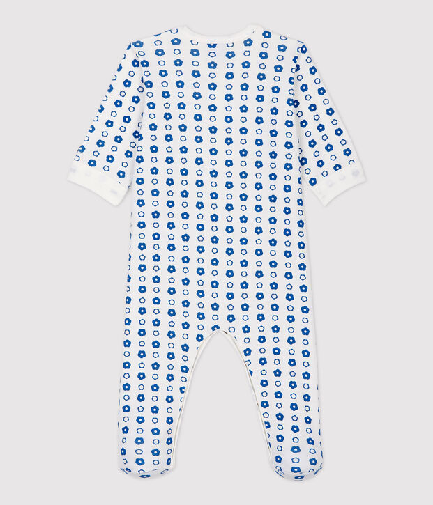 Baby-Strampler aus Molton und Bio-Baumwolle mit Blumenmuster im Retro-Look weiss/blau