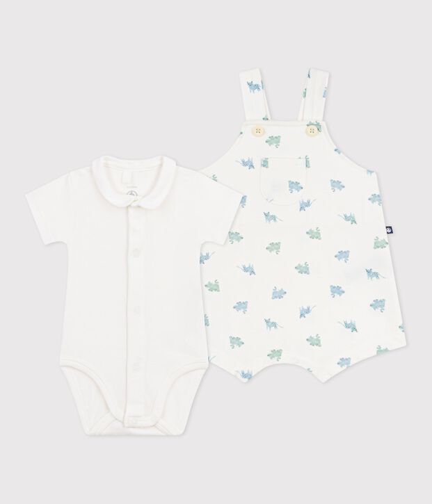 Baby-Set Latzhose und Body aus Baumwolle mit Tiermotiven weiss/vielfarbig
