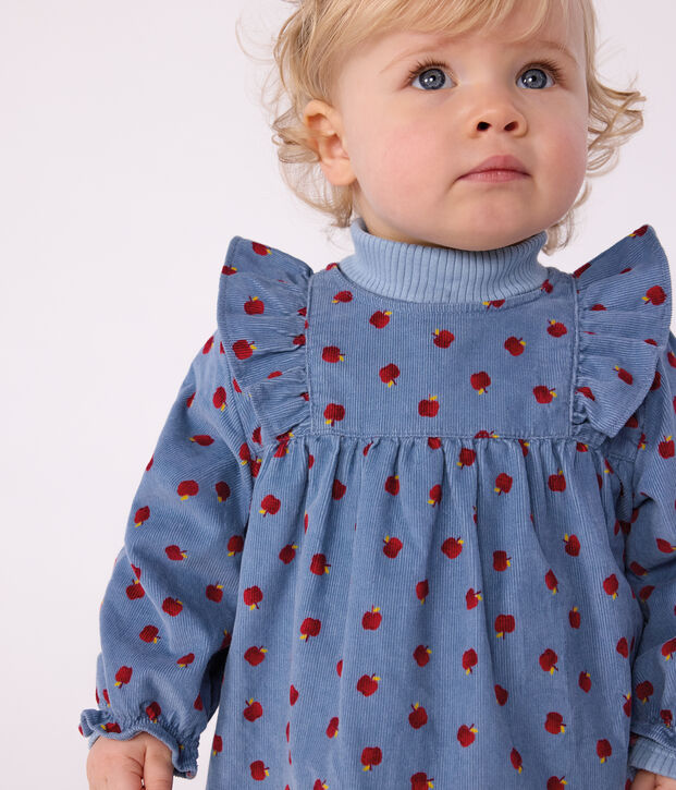 Lang&auml;rmeliges Baby-Kleid aus Fein-Cord mit Apfel-Motiv blau/vielfarbig