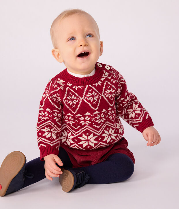 Baby-Pullover aus Wolle und Baumwolle mit Muster rot/naturfarben