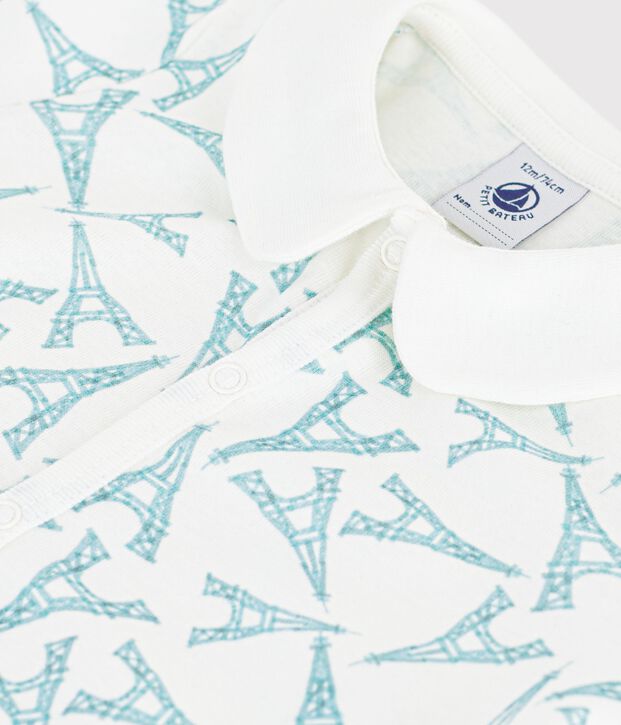 Baby-Kurzoverall aus Baumwolle mit Kragen und Eiffelturm-Motiv weiss/gr&uuml;n