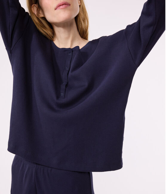 Damen-Pyjama aus einfarbiger Baumwolle blau SMOKING
