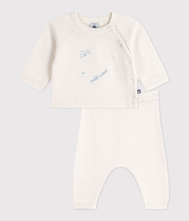 2-teiliges Baby-Set aus Woll- und Baumwoll-Strick mit Walmotiv weiss