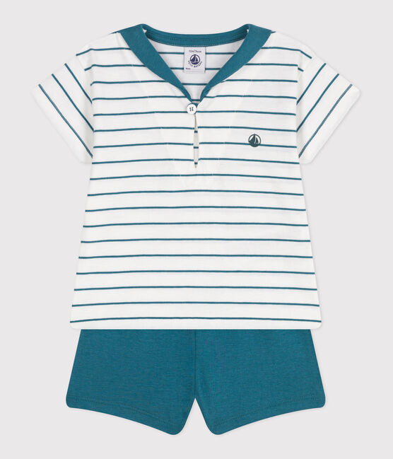 2-teiliges Baby-Set aus Baumwolle, gestreiftes T-Shirt und einfarbige Shorts grün MARSHMALLOW/ DRAGONFLY