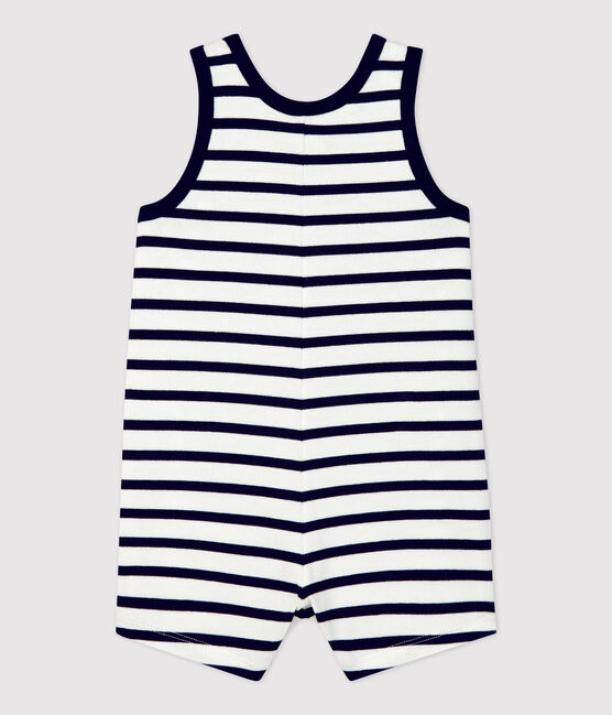 Kurzer Baby-Overall aus dickem Bio-Jersey weiss MARSHMALLOW/blau SMOKING