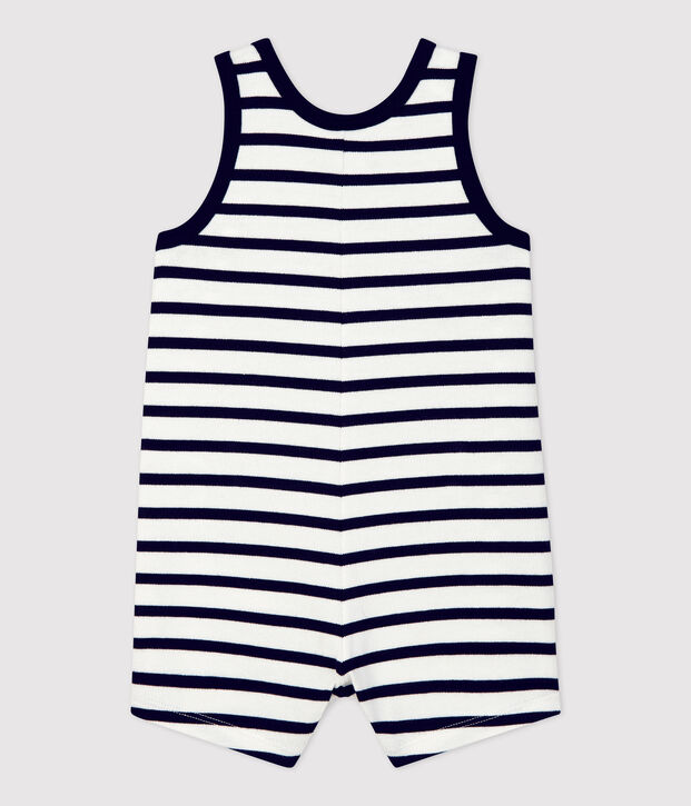 Kurzer Baby-Overall aus dickem Bio-Jersey weiss/blau