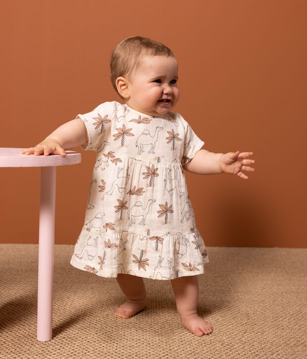 Kurz&auml;rmeliges bedrucktes Babykleid aus Baumwollgaze naturfarben/vielfarbig