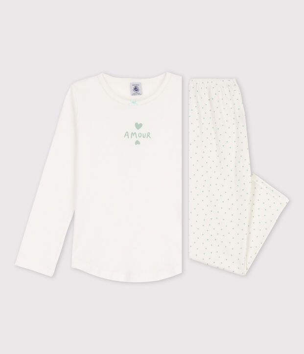 Kinderpyjama aus Baumwolle mit Herzchen f&uuml;r M&auml;dchen weiss/gr&uuml;n