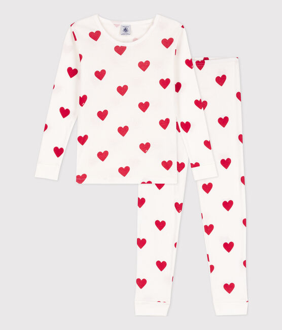 Körpernah geschnittener Pyjama aus Baumwolle für kleine Mädchen/kleine Jungen, mit Herzen weiss MARSHMALLOW/rot TERKUIT
