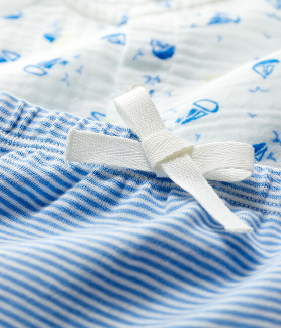 Zweiteiliges Baby-Set aus Bio-Baumwoll-Windelstoff in Blau weiss MARSHMALLOW/weiss MULTICO