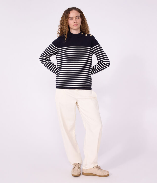 Damen-Marinepullover aus Baumwolle und Baumwolle mit Streifen blau/weiss