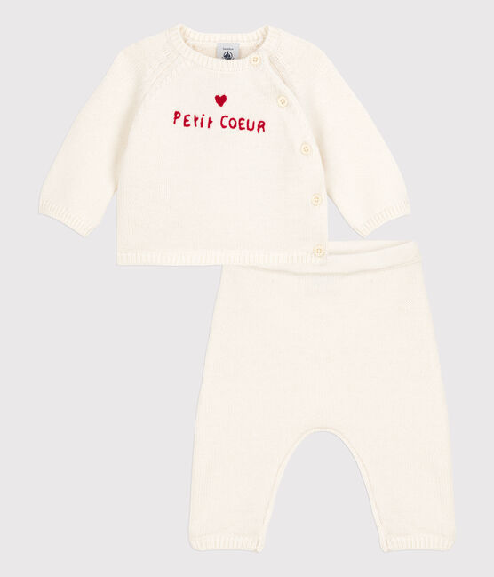 Zweiteiliges Baby-Set aus Woll- und Baumwoll-Strick weiss MARSHMALLOW