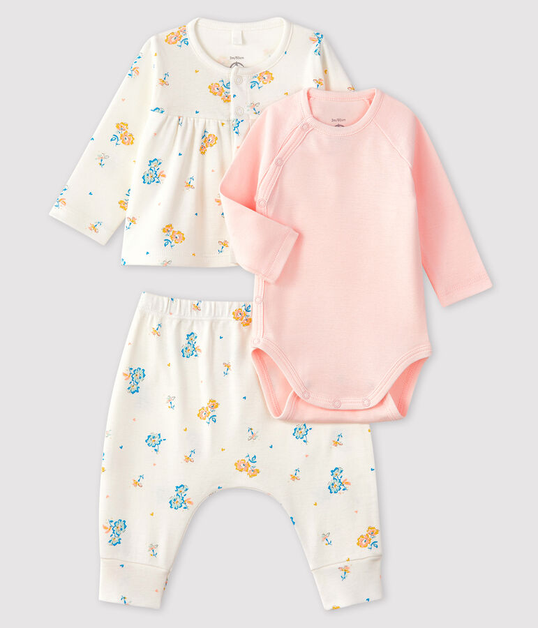 3-teiliges Baby-Set aus Rippstrick f&uuml;r M&auml;dchen weiss MARSHMALLOW/weiss MULTICO