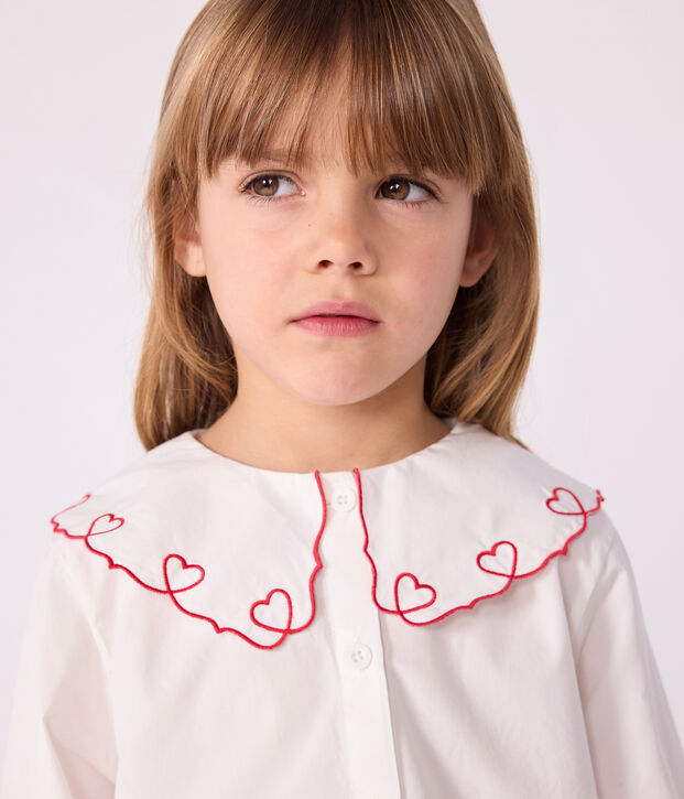 Lang&auml;rmelige Kinder-Bluse aus einfarbigem Baumwoll-Popeline weiss
