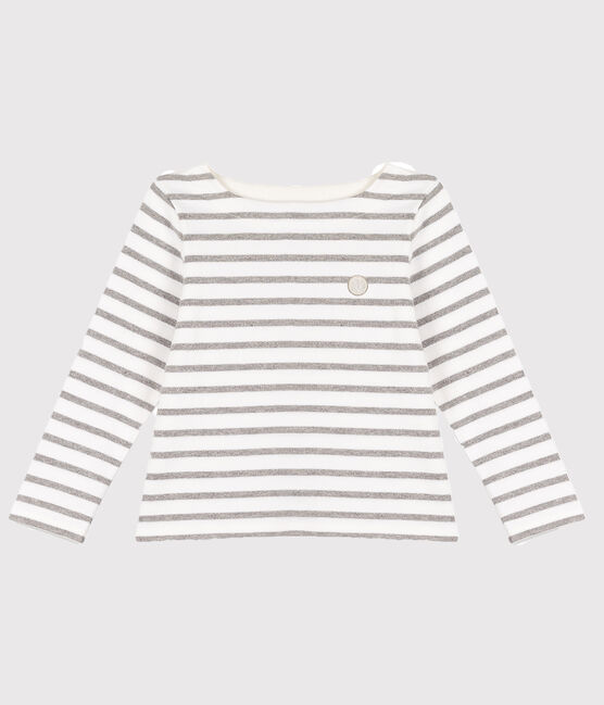 Kindershirt aus Jerseystoff mit Marinestreifen für Mädchen weiss MARSHMALLOW/grau ARGENT
