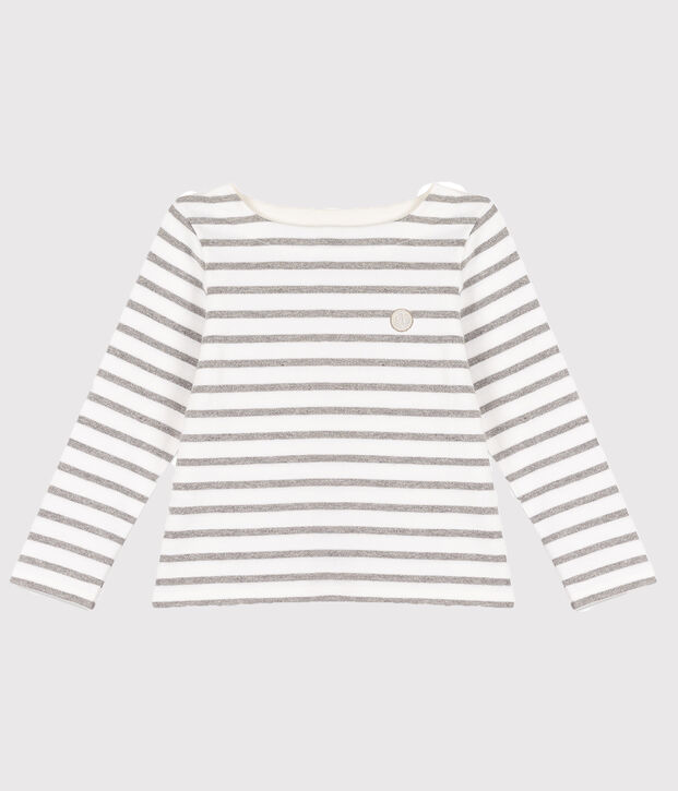 Kindershirt aus Jerseystoff mit Marinestreifen f&uuml;r M&auml;dchen weiss/grau