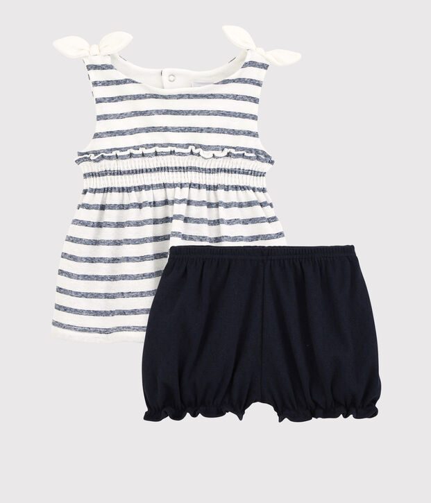 Baby-Ensemble aus Bluse + Bloomers aus Baumwolle/Leinen f&uuml;r M&auml;dchen weiss/blau