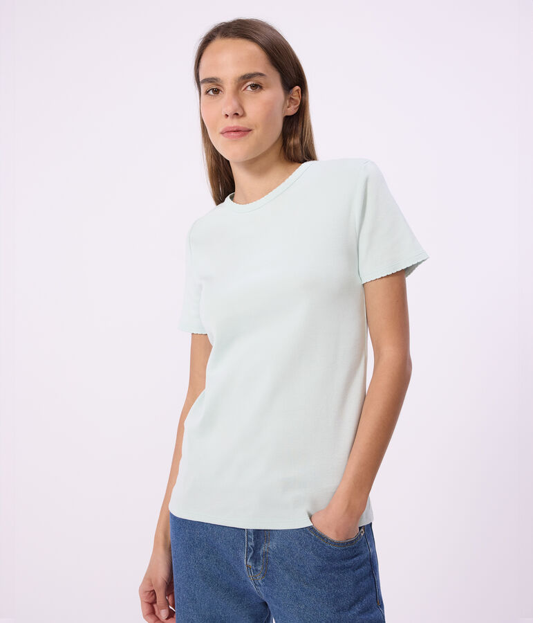 Kurz&auml;rmeliges Damen T-Shirt aus einfarbiger Baumwolle blau