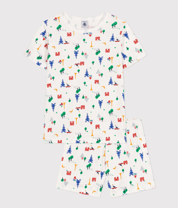 Kurzer Kinderpyjama aus Baumwolle mit Paris-Printmotiv weiss/vielfarbig