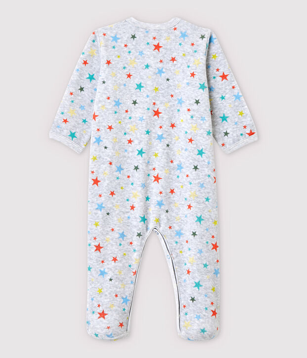 Baby-Strampler aus grau meliertem Velours mit Sternen-Motiv grau/vielfarbig
