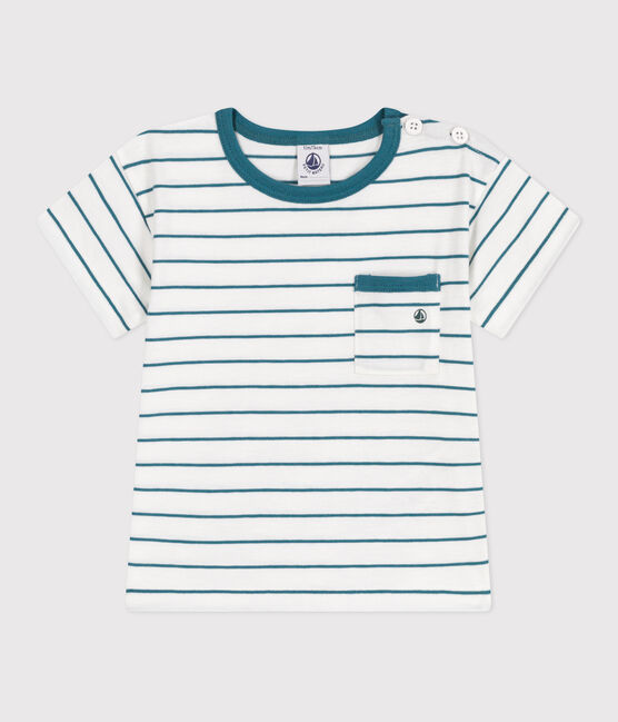 Kurzärmeliges Baby-T-Shirt aus Baumwolle mit Streifen grün MARSHMALLOW/ DRAGONFLY