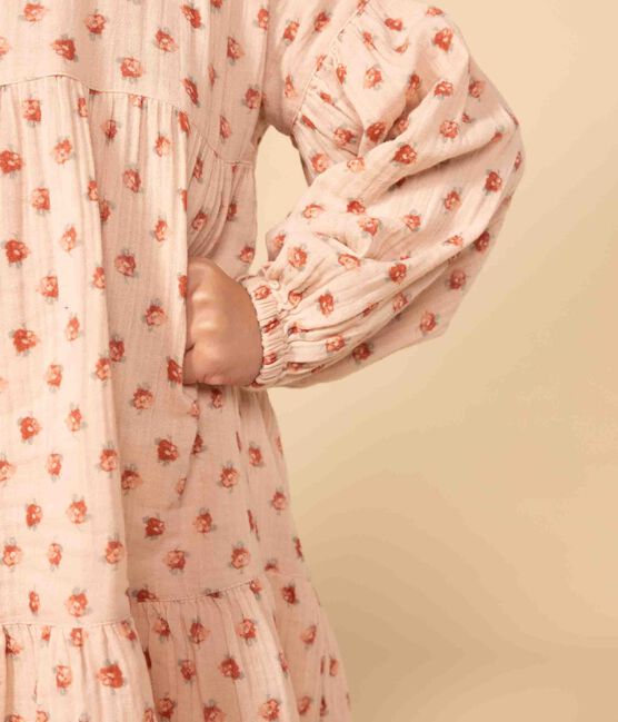 Langärmeliges Kleid mit Blumenprint aus Baumwollgaze für Kinder/Mädchen rosa SALINE/weiss MULTICO