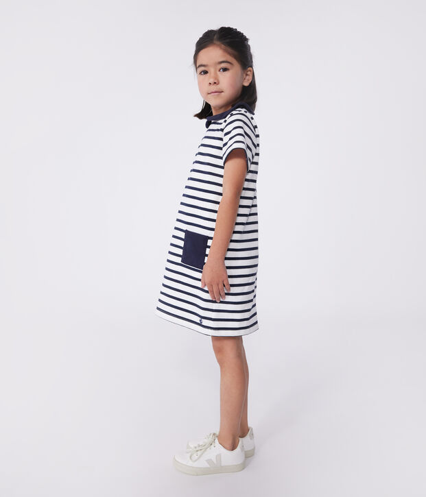 Kurz&auml;rmeliges Kinder-Kleid aus Baumwolle weiss/blau