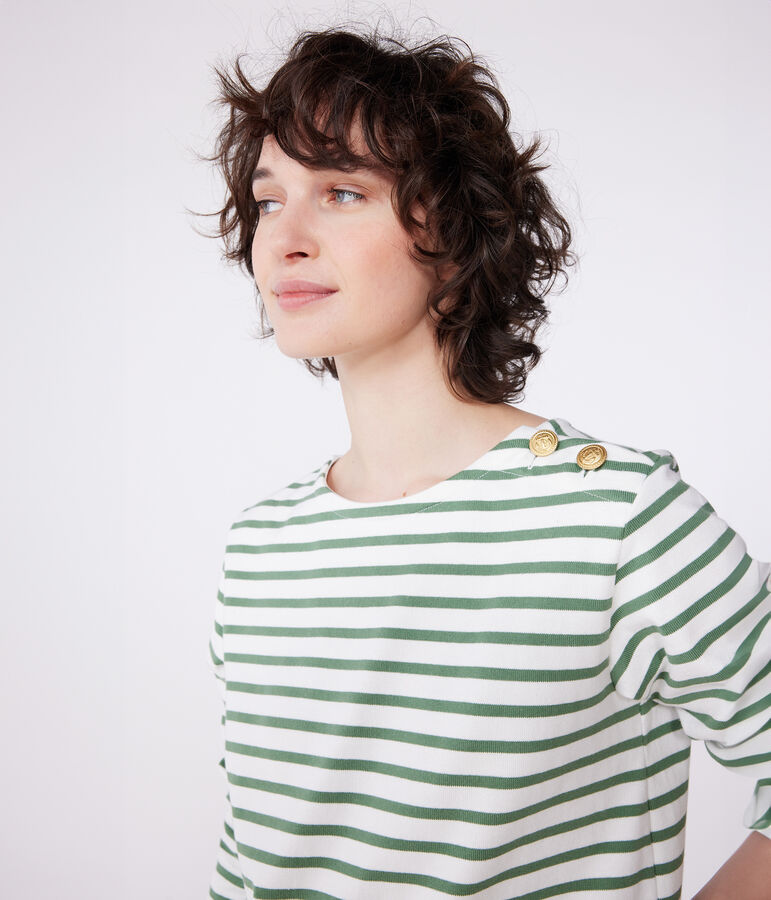 Lang&auml;rmeliges Damen-Streifenshirt Marini&egrave;re aus Baumwolle gr&uuml;n MARSHMALLOW/ PALMERAIE