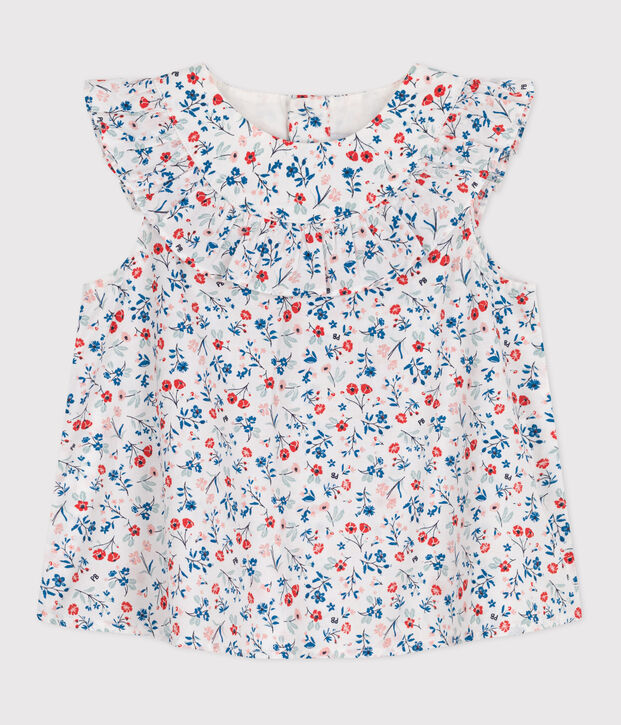&Auml;rmellose Baby-Bluse aus Baumwolle mit Blumenmuster weiss/vielfarbig