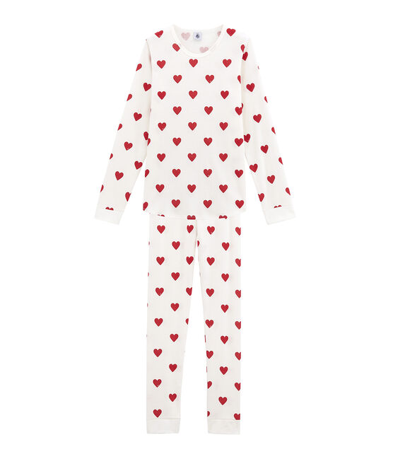 Rippstrick-Pyjama für Mädchen weiss MARSHMALLOW/rot TERKUIT
