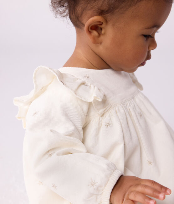 Langärmeliges Baby-Kleid aus Fein-Cord mit Allover-Stickereien naturfarben MILK/ ARGENT